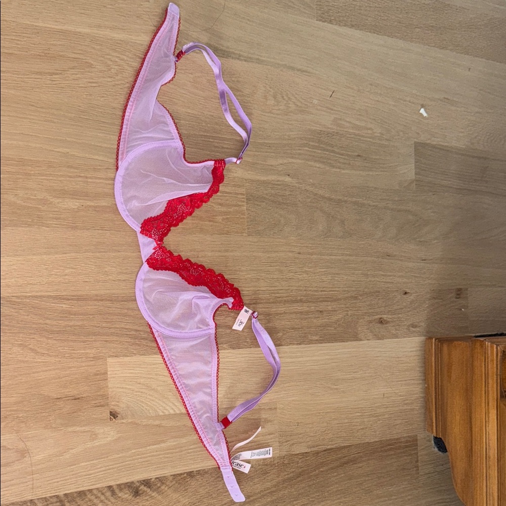 Victoria's Secret Pink Mesh Bra with Red Lace Trim